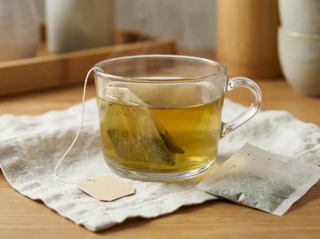Tea sachet steeping in a clear cup of green tea beside a second sachet on pale linen