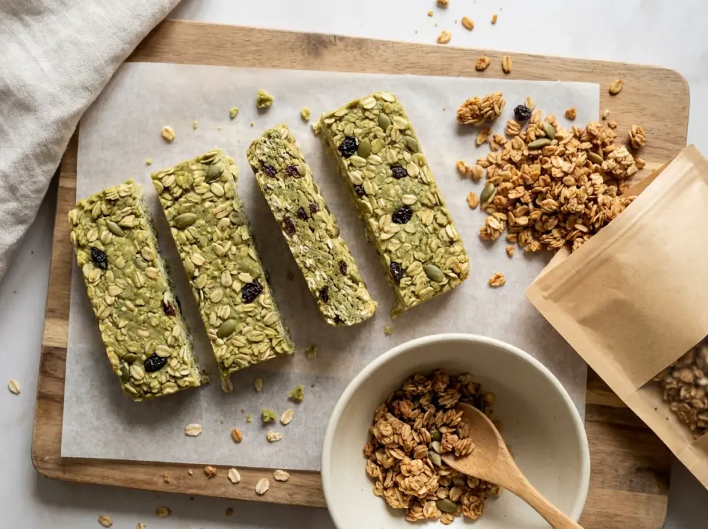 Green oat bars with seeds and dried fruit beside loose granola, a bowl, and a wooden spoon