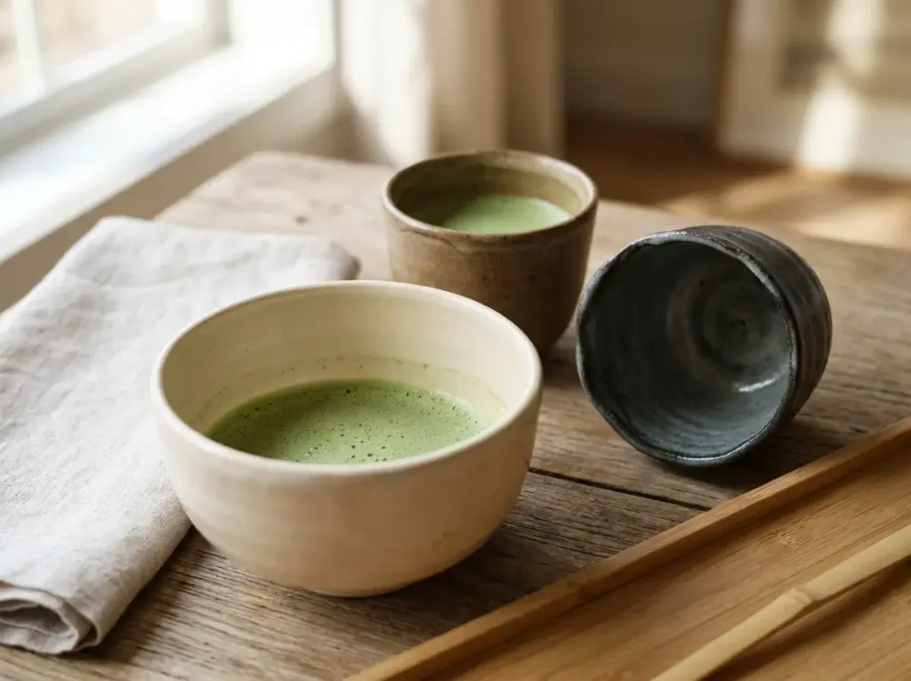 Wide off-white bowl and small brown cup filled with matcha beside an empty charcoal cup