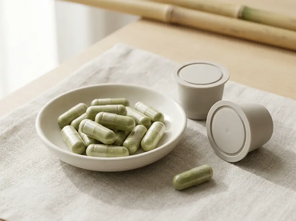 Green powder-filled capsules in an off-white dish beside two plain beverage pods