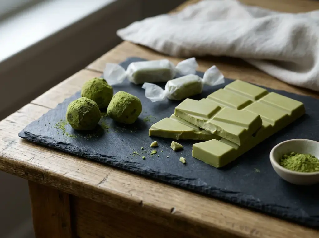 Broken green chocolate bars, powder-dusted truffles, and wrapped candies on a dark slate board