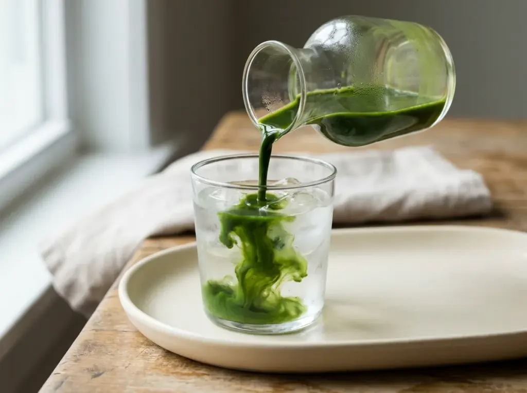 Deep green matcha concentrate pouring from a glass carafe into a glass of iced water