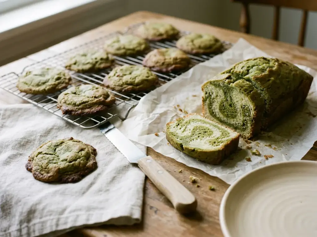 Green cookies on a cooling rack beside a sliced green-swirled loaf on parchment