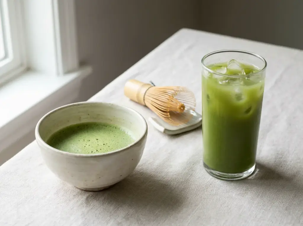 Bowl of foamy matcha beside a glass of iced matcha and a bamboo whisk