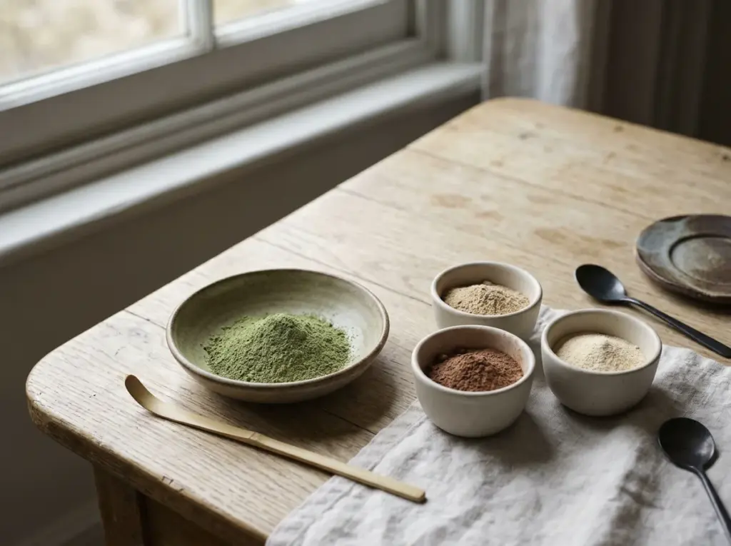 Green matcha powder beside small bowls of beige, brown, and cream powders on a wooden table