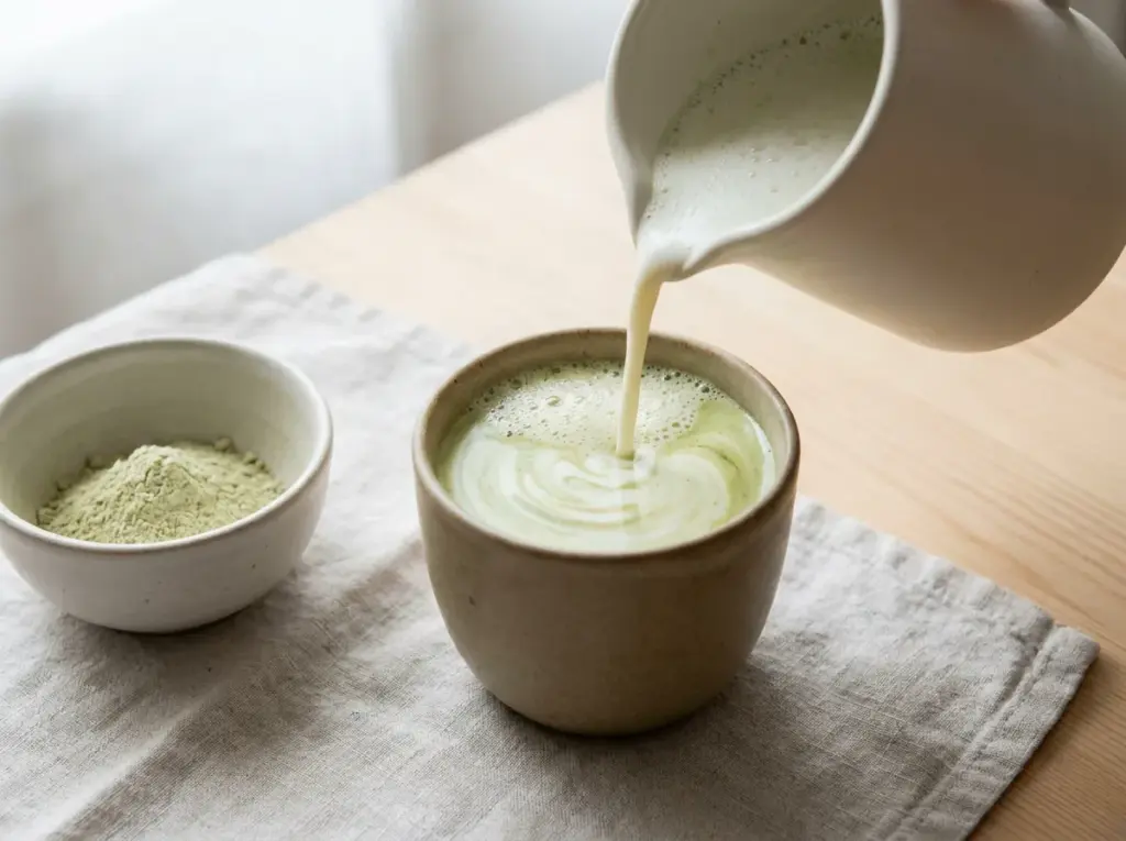 Milk pouring into a pale green matcha latte beside a bowl of green powder