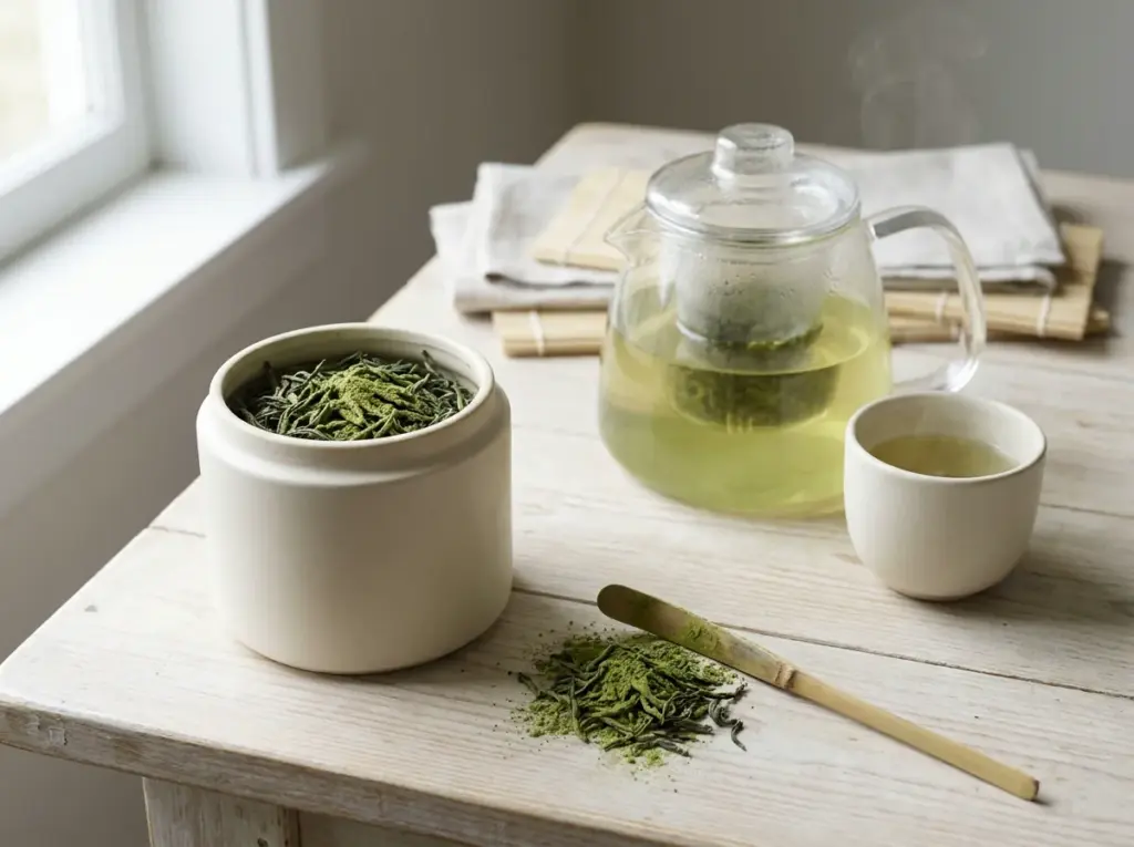 Matcha-dusted loose green tea beside a glass infuser teapot and a cup of brewed tea