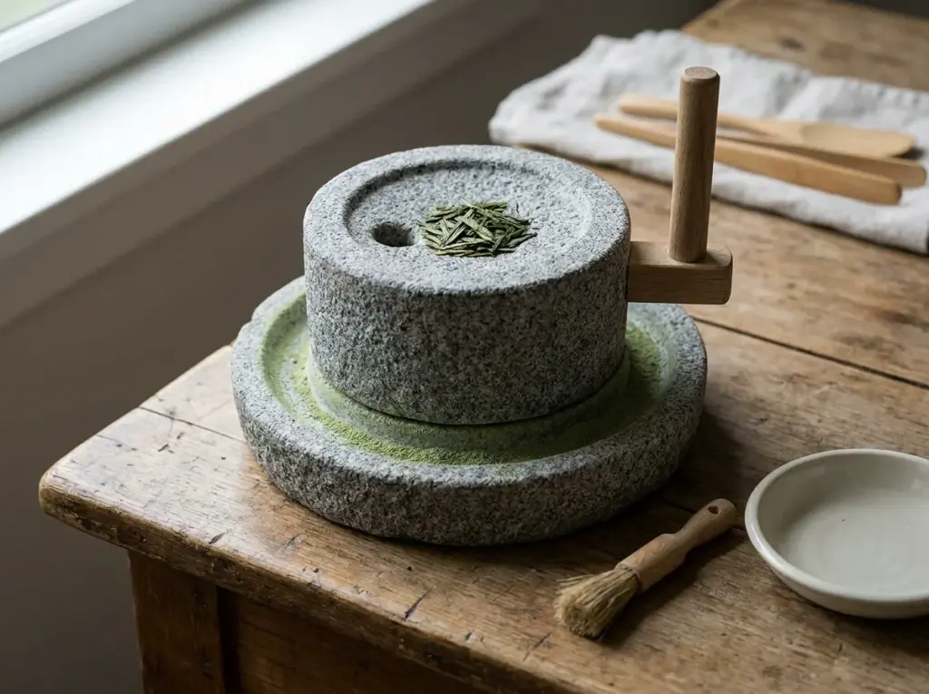Stone matcha mill with a wooden handle, green tea leaves, and fine green powder on its tray