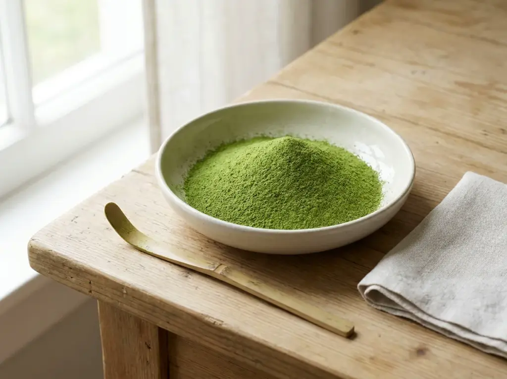 Green matcha powder in a ceramic bowl beside a bamboo scoop on a light wood table