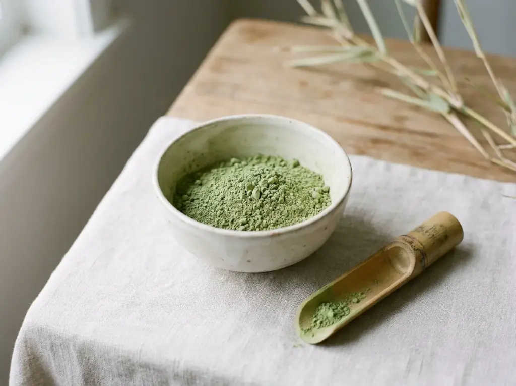 Green matcha powder in an off-white ceramic bowl beside a bamboo scoop on pale linen