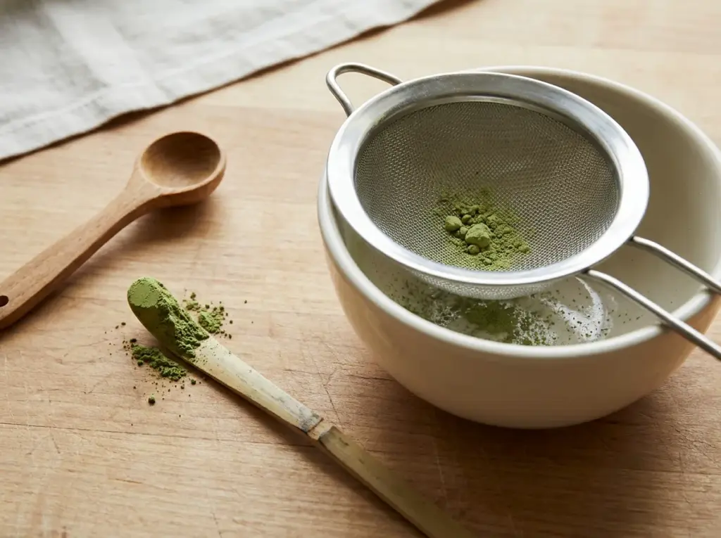 Fine-mesh sifter holding green matcha powder over a ceramic bowl beside two scoops