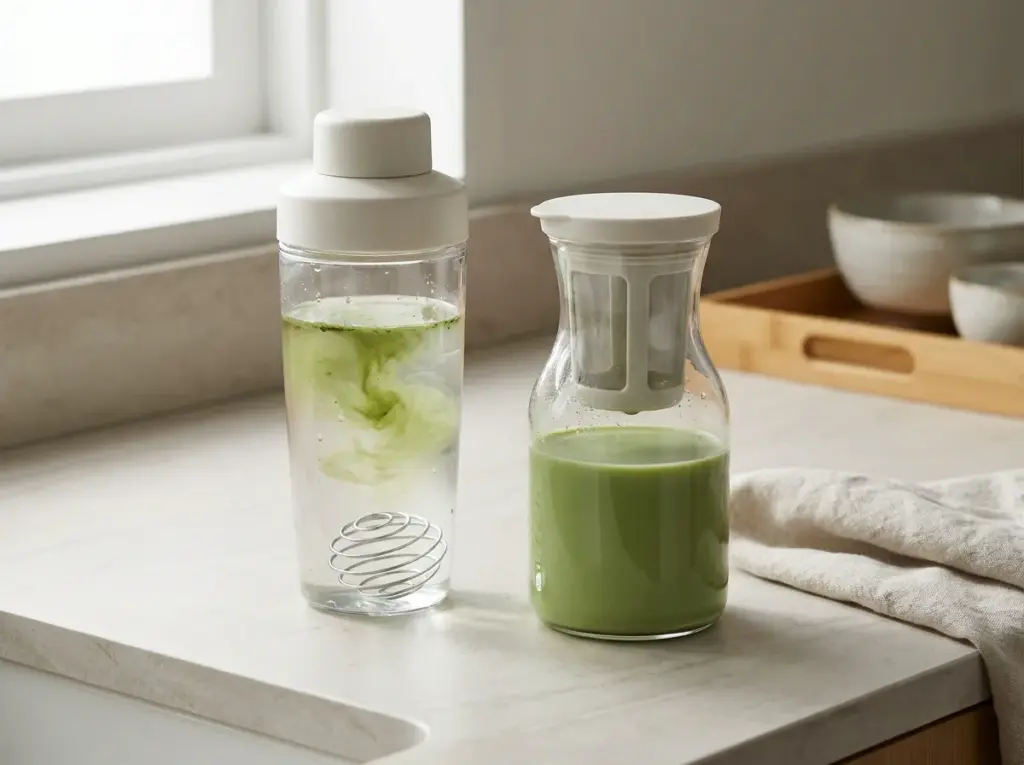 Clear shaker bottle with mixing ball beside a lidded glass maker filled with green matcha