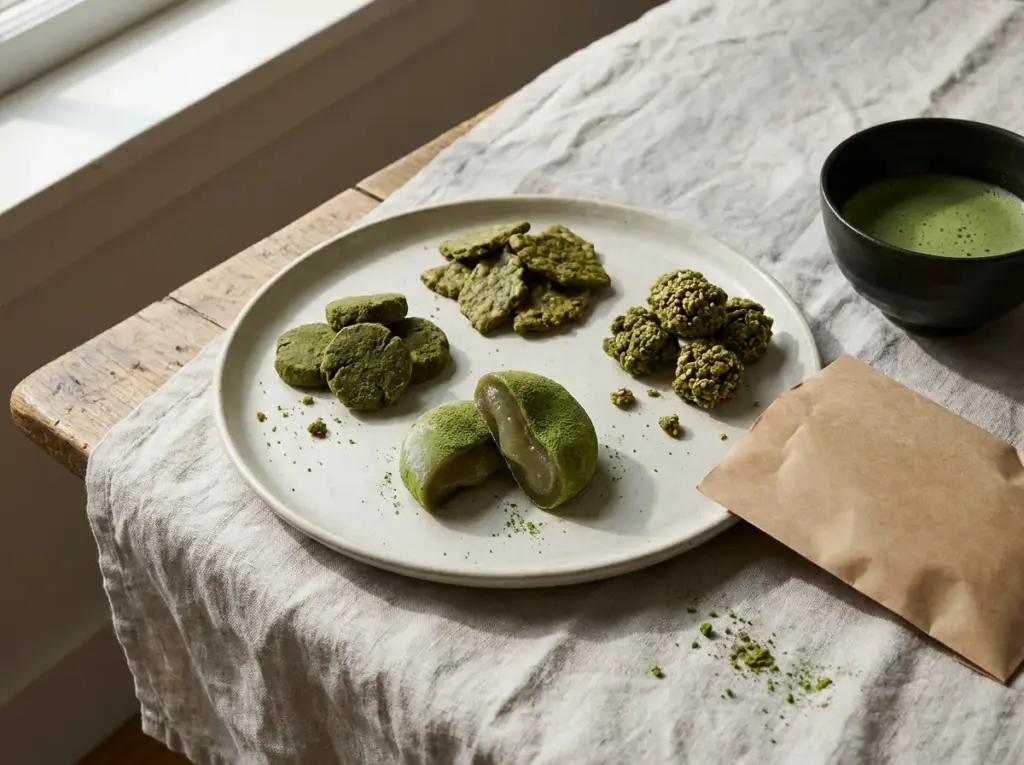 Matcha mochi and assorted green snacks on a ceramic platter beside a bowl of matcha