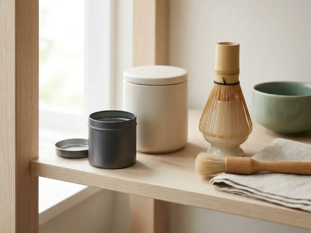 Metal and ceramic containers beside a bamboo whisk on a stand, brush, cloth, and green bowl