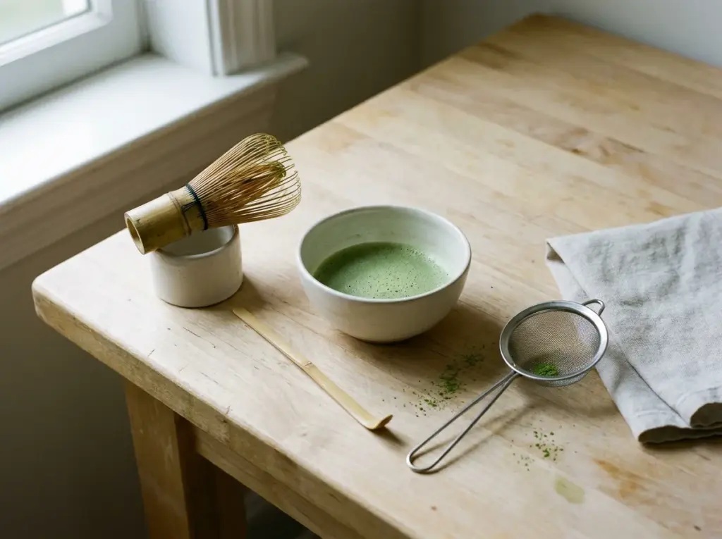 Bamboo whisk, scoop, metal sifter, cloth, and bowl of prepared matcha on a wood counter