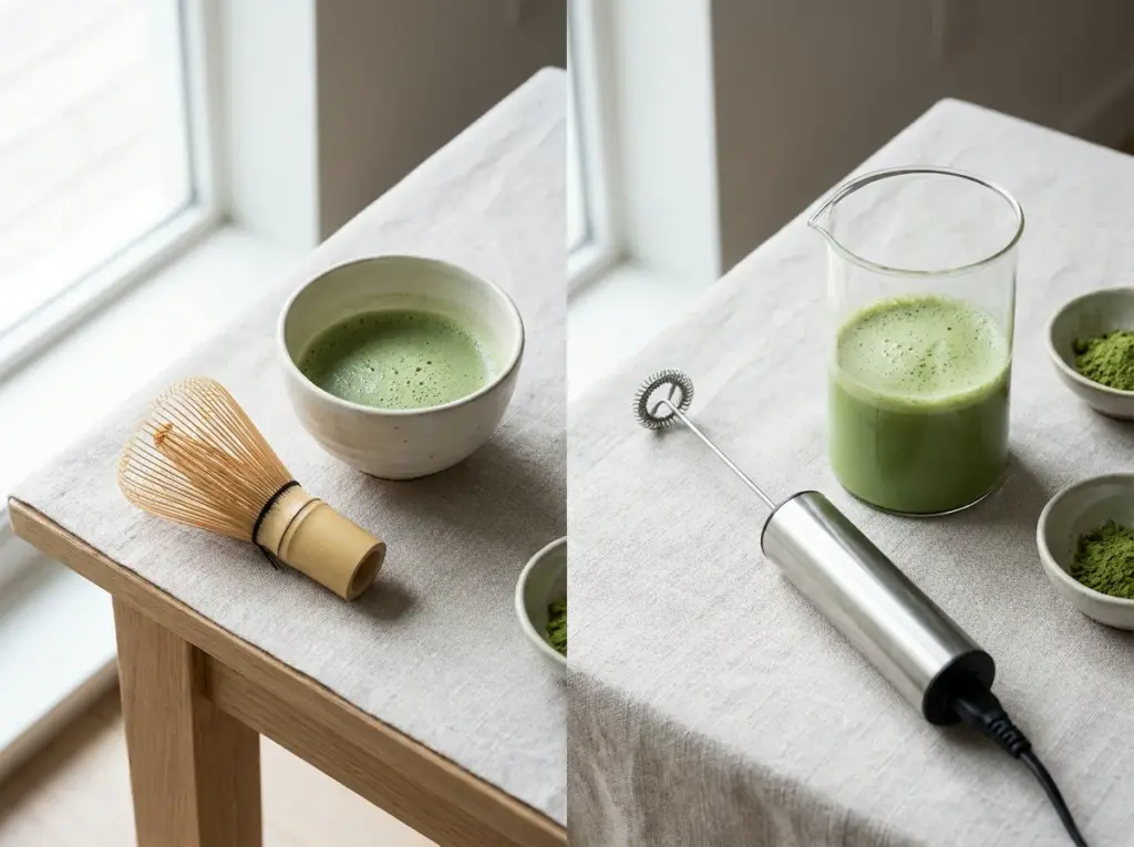 Bamboo chasen beside a bowl of foamy matcha and a coil frother beside a glass beaker of matcha