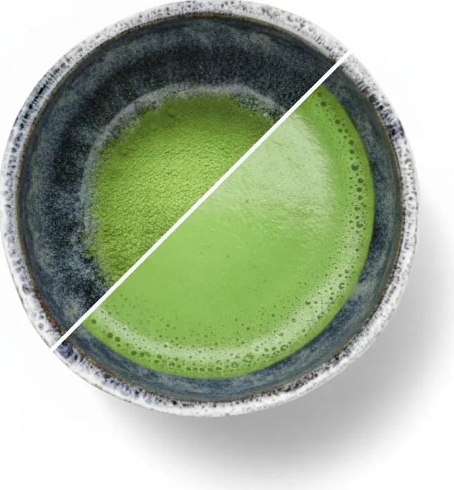 Top view of a ceramic bowl split between green matcha powder and whisked matcha with foam