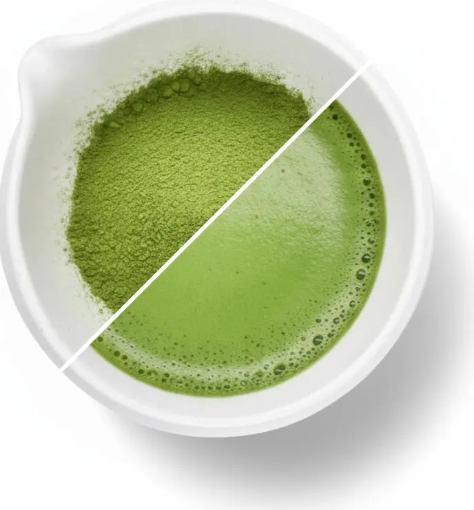 Overhead split view of green matcha powder and whisked matcha in a white bowl