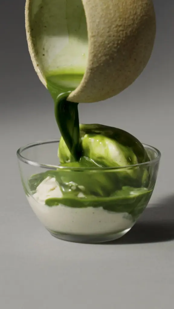 Thick green sauce pouring from a ceramic vessel over white frozen dessert