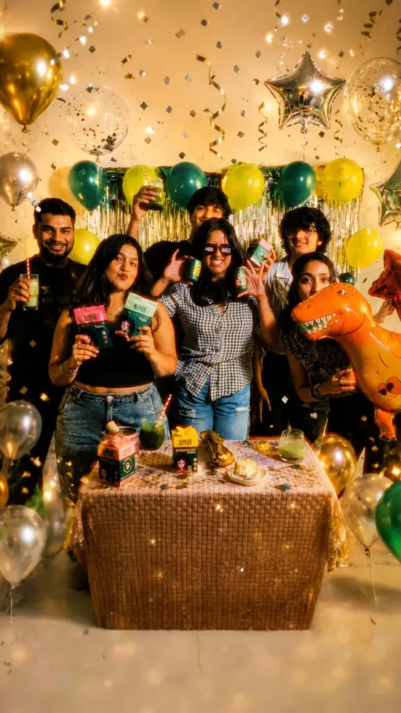 Six adults holding green drinks and Bree Matcha packages amid balloons and confetti