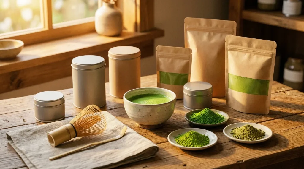 A row of Japanese matcha tins on a shelf beside a bamboo whisk, bowl, and sifter, arranged for comparison shopping