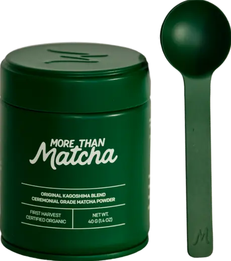 Dark green More Than Matcha Ceremonial Matcha Powder tin with matching measuring spoon