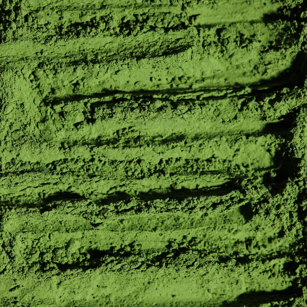 Close-up of green ceremonial matcha powder with deep horizontal grooves