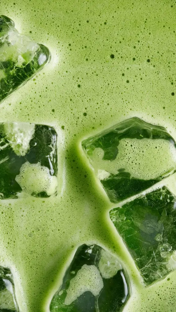 Foamy green drink with large translucent ice cubes