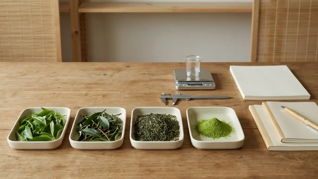Tea leaves, processed leaf material, green powder, measuring tools, and blank documents arranged on a workbench.