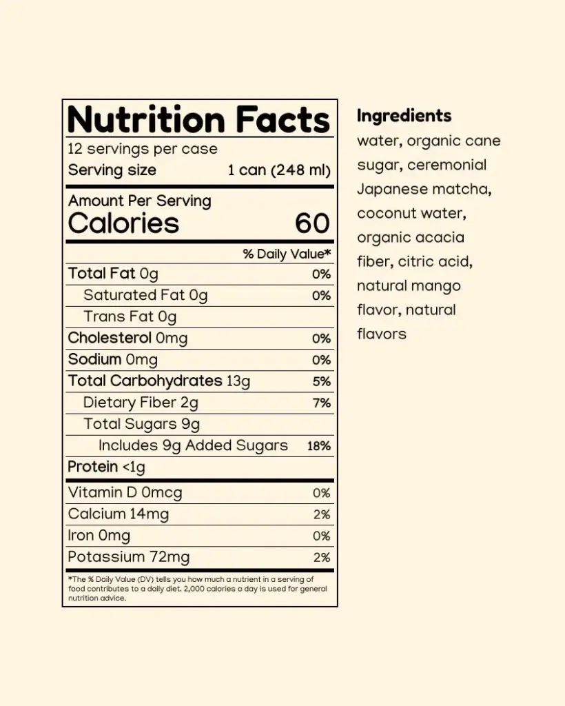 Nutrition Facts and ingredients for Shinzo Matcha Coconut Mango soda, showing 60 calories per 248 ml can