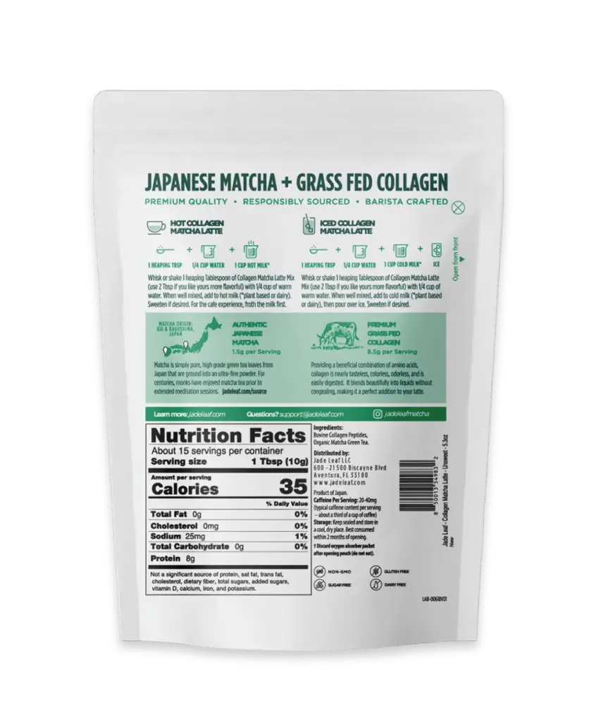 Back of Jade Leaf Collagen Matcha Latte Mix pouch with preparation directions and nutrition facts