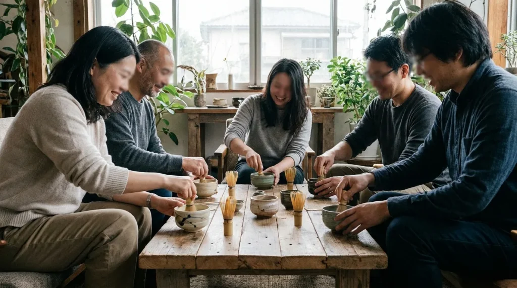 Inclusive matcha practice group sharing bowls, bamboo whisks, and study notes around an accessible table
