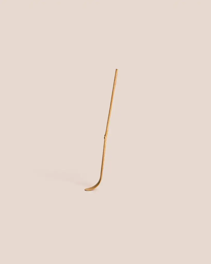 Slender bamboo chashaku with a curved scoop standing against a pale beige background