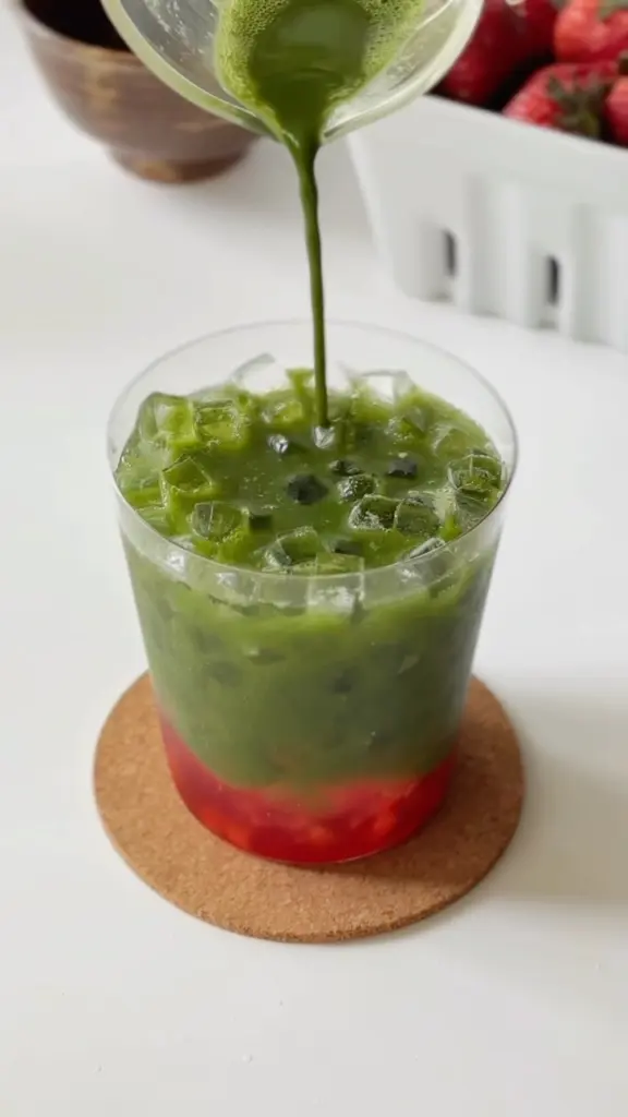 Green matcha pouring into an iced drink with a red bottom layer