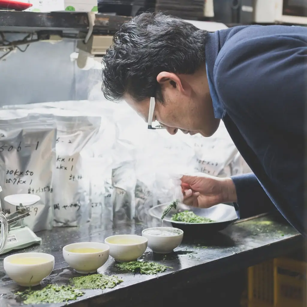 Person examining wet tea leaves beside tasting cups