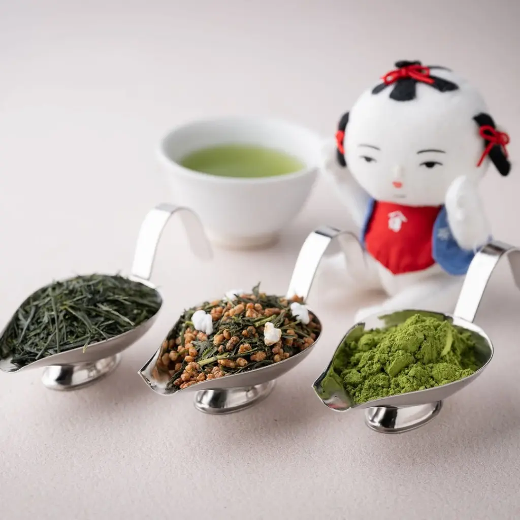 Three metal scoops holding green tea leaves, toasted rice tea, and green powder beside a cup and decorative doll