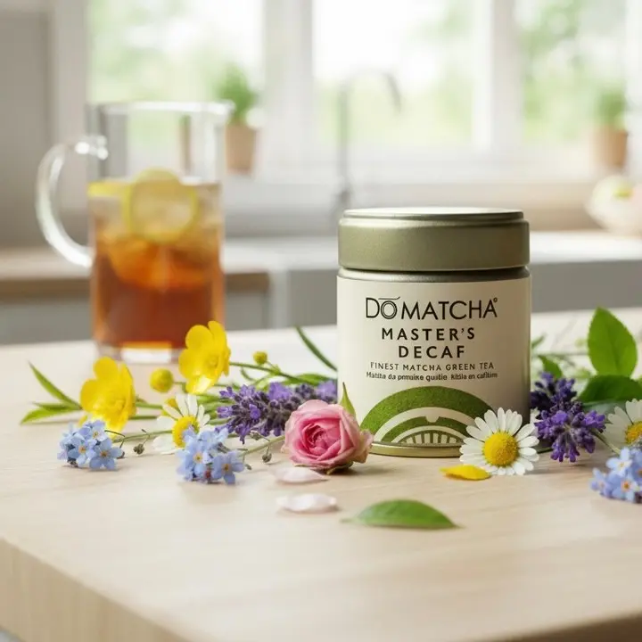 Do Matcha Master's Decaf tin surrounded by colorful flowers on a table