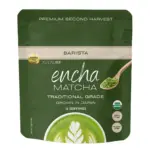 Dark green Encha Barista matcha pouch with a spoonful of green powder and matcha latte graphic