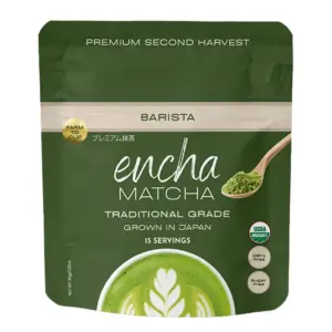 Dark green Encha Barista matcha pouch with a spoonful of green powder and matcha latte graphic