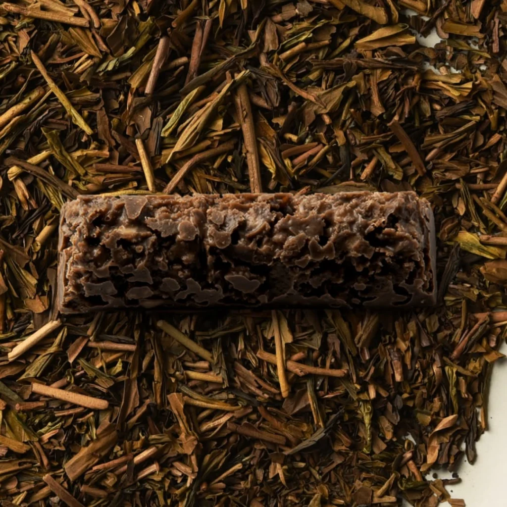 Textured brown confection resting on roasted tea leaves