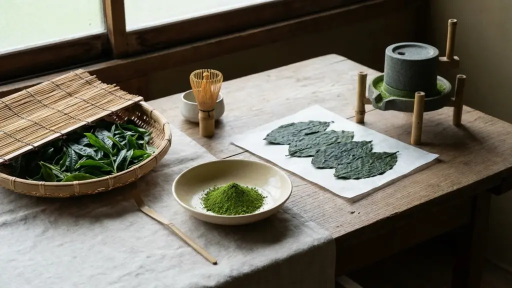 Fresh covered tea leaves, flat dried tencha, a small mill, and fine matcha powder in a ceramic bowl.
