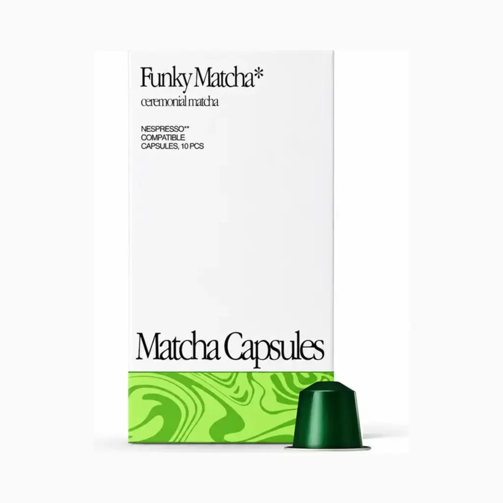 Funky Matcha Ceremonial Matcha Pods box and capsule, full packaging visible