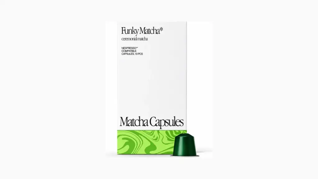 Funky Matcha Ceremonial Matcha Pods box and capsule, full packaging visible