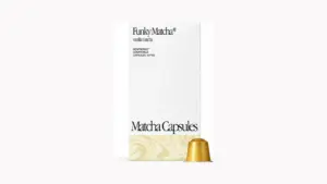 Funky Matcha vanilla matcha capsule box and gold pod fully visible
