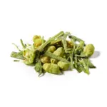 Close-up of green tea leaves and toasted rice coated with matcha powder