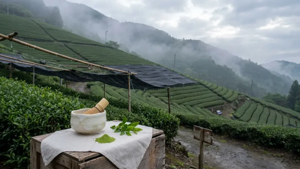 Mist-covered mountain tea rows with shade cloth, fresh tea shoots, matcha powder, and a ceramic bowl.