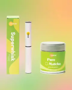 Golde Pure Matcha tin beside a white Superwhisk and its green box