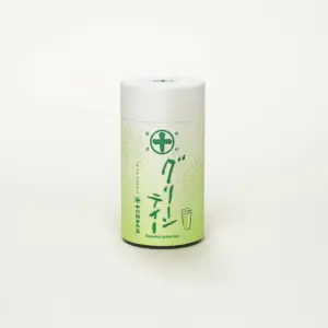 White and pale green Nakamura Tokichi Honten sweetened green tea mix can with Japanese lettering