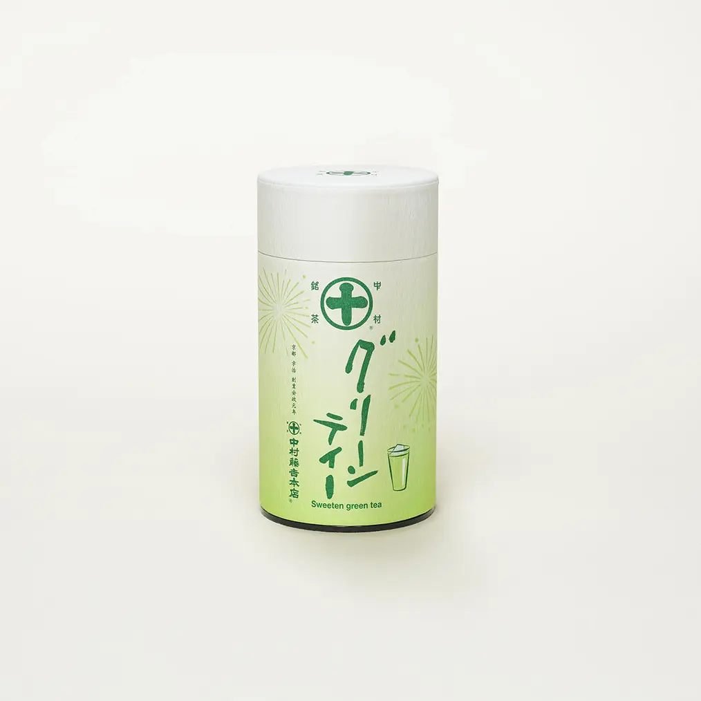 White and pale green Nakamura Tokichi Honten sweetened green tea mix can with Japanese lettering