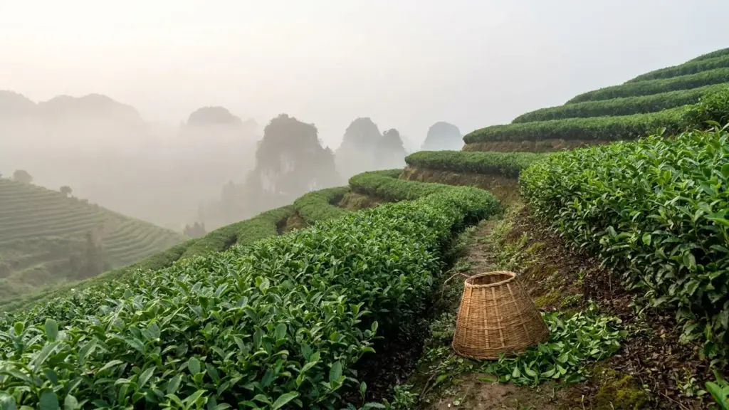 Tea terraces and limestone karst peaks in the misty Guizhou highlands